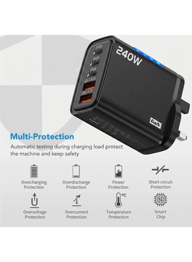 شاحن 5 في 1 بتقنية GaN ومنفذ USB-C، بقدرة 240 واط، شحن سريع، محول هاتف، كابل من النوع C بقوة 10 أمبير، متوافق مع أجهزة iPhone وSamsung وXiaomi. - Image 4