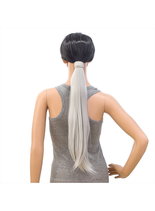 SWACC Women Long Straight/Curly Wavy Wrap Around Ponytail Extension Synthetic Hair Piece Clip in Hair extensions (Straight, Silver Gray) - Image 2