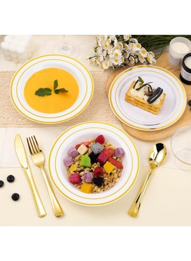 25 Gold Plastic Bowls, Durable Disposable Gold Bowls, 25 7.5-inch Salad/Dessert/Appetizer Bowls, Disposable Bowls for Parties, Holidays, and Weddings - Image 4