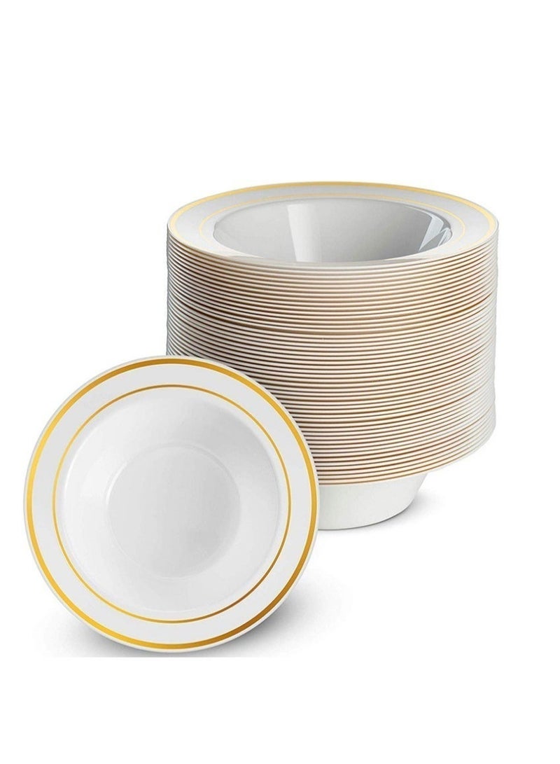 25 Gold Plastic Bowls, Durable Disposable Gold Bowls, 25 7.5-inch Salad/Dessert/Appetizer Bowls, Disposable Bowls for Parties, Holidays, and Weddings - Image 1