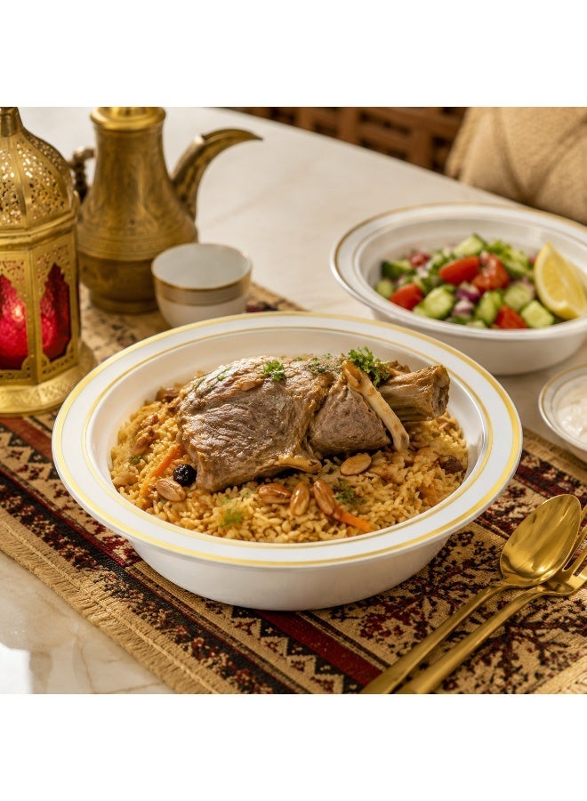 25 قطعة من أوعية الحساء البيضاء التي تستخدم لمرة واحدة، مقاس 18.5 سم، ذات جدار مزدوج وحافة ذهبية، مصنوعة من بلاستيك سميك مناسب للطعام، وهي أوعية للحلويات والسلطة، وأدوات مائدة عالية الجودة للاستخدام لمرة واحدة مناسبة لشهر رمضان وعيد الفطر وحفلات الزفاف وأعياد الميلاد والوجبات العائلية. - Image 5