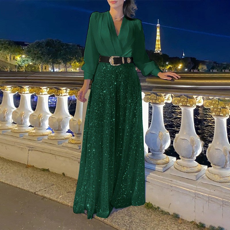 Elegant V-neck Dress with Sequin Wide Leg Pants dark green belt style