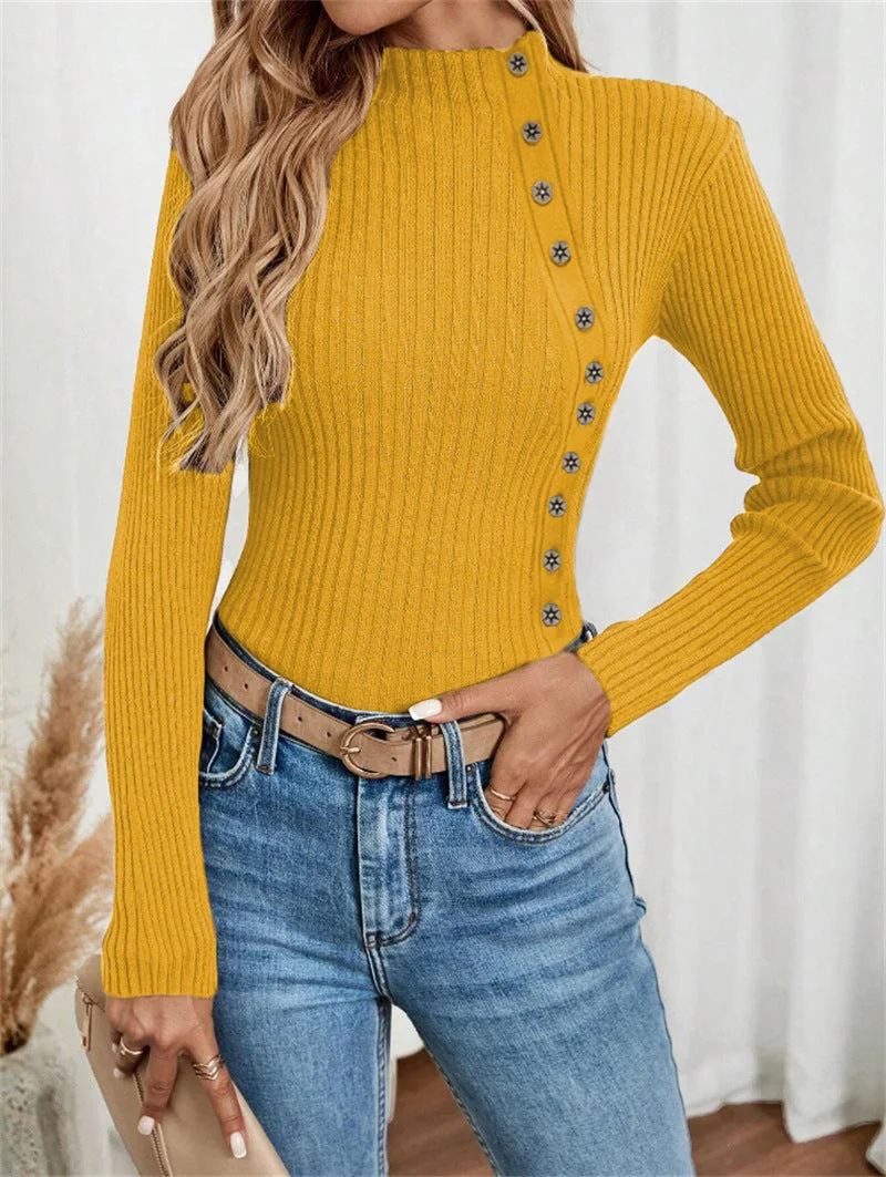 أوجيدر Yellow Full Sleeve Button Trim Fitted Sweaters
