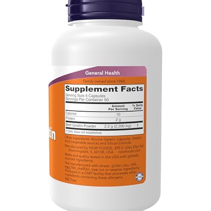 now Supplements, Beef Gelatin 550 mg, Hydrolyzed, Nutritional Support, 200 Capsules - Image 2
