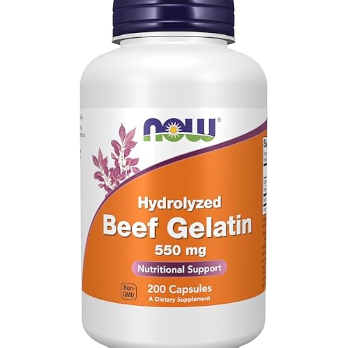 now Supplements, Beef Gelatin 550 mg, Hydrolyzed, Nutritional Support, 200 Capsules - Image 1