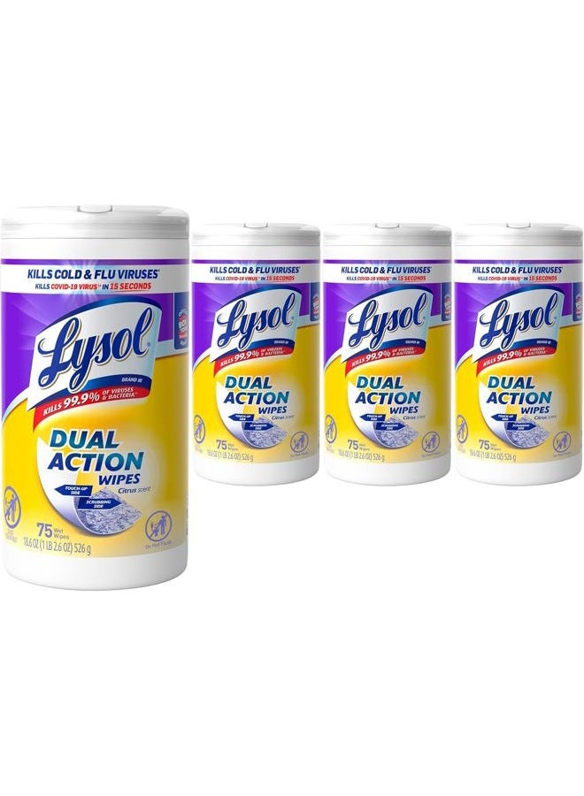 Lysol Dual Action Disinfectant Wipes, Multi-Surface Antibacterial Scrubbing Wipes, For Disinfecting and Cleaning, Citrus Scent, 75ct (Pack of 4), Packaging May Vary - Image 1