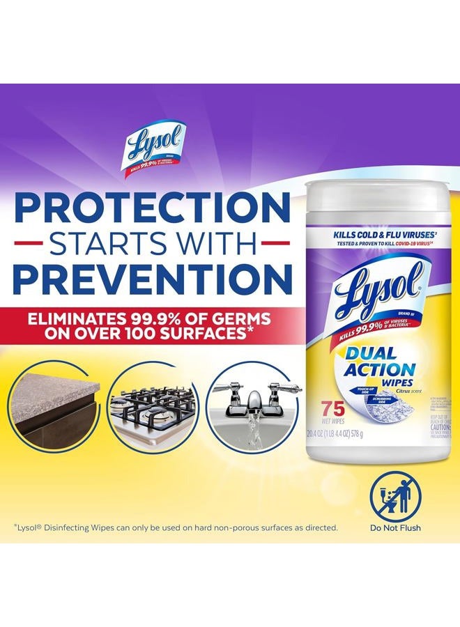 Lysol Dual Action Disinfectant Wipes, Multi-Surface Antibacterial Scrubbing Wipes, For Disinfecting and Cleaning, Citrus Scent, 75ct (Pack of 4), Packaging May Vary - Image 2