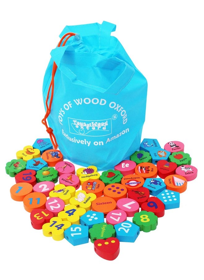 Toys of Wood Oxford Towo Wooden Alphabet Number Blocks - Letters Abc Threading Beads Sorting Toy 46 Pieces - Lacing Puzzle- Educational Color Matching Toys For 3 Years Old Fine Motor Stem Montessori Learning  - Image 1
