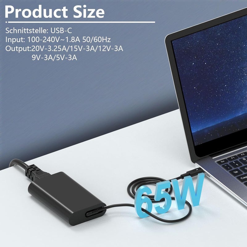 شاحن كمبيوتر محمول من نوع C USB C بقدرة 65 واط متوافق مع Dell Latitude 5420 5520 5410 5530 5330 7370 7320 7420 2-in-1 7520 وChromebook 3380 3100 5190 XPS 13 12 9350 9360 9365 9380 Venue 5855، محول طاقة تيار متردد - Image 2