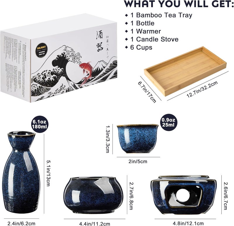 DUJUST 10 pcs Japanese Sake Set with Warmer for 6, Kiln Altered Glaze Porcelain Sake Set, 6 Sake Cups, 1 Sake Bottle, 1 Warmer, 1 Candle Stove, 1 Tray&1 Box, Warm Sake Carafe, Japanese Gifts- Darkblue - Image 5