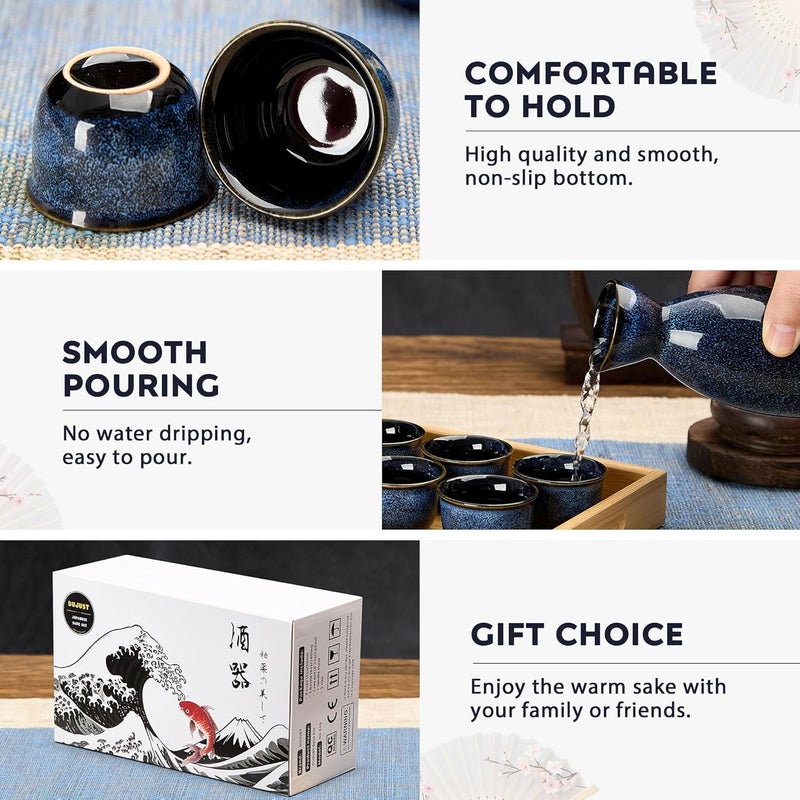 DUJUST 10 pcs Japanese Sake Set with Warmer for 6, Kiln Altered Glaze Porcelain Sake Set, 6 Sake Cups, 1 Sake Bottle, 1 Warmer, 1 Candle Stove, 1 Tray&1 Box, Warm Sake Carafe, Japanese Gifts- Darkblue - Image 4