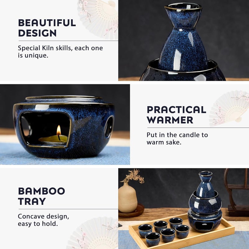 DUJUST 10 pcs Japanese Sake Set with Warmer for 6, Kiln Altered Glaze Porcelain Sake Set, 6 Sake Cups, 1 Sake Bottle, 1 Warmer, 1 Candle Stove, 1 Tray&1 Box, Warm Sake Carafe, Japanese Gifts- Darkblue - Image 3