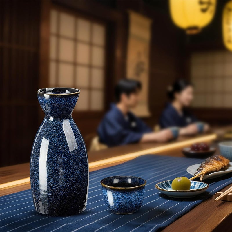 DUJUST 10 pcs Japanese Sake Set with Warmer for 6, Kiln Altered Glaze Porcelain Sake Set, 6 Sake Cups, 1 Sake Bottle, 1 Warmer, 1 Candle Stove, 1 Tray&1 Box, Warm Sake Carafe, Japanese Gifts- Darkblue - Image 2
