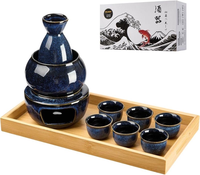 DUJUST 10 pcs Japanese Sake Set with Warmer for 6, Kiln Altered Glaze Porcelain Sake Set, 6 Sake Cups, 1 Sake Bottle, 1 Warmer, 1 Candle Stove, 1 Tray&1 Box, Warm Sake Carafe, Japanese Gifts- Darkblue - Image 1