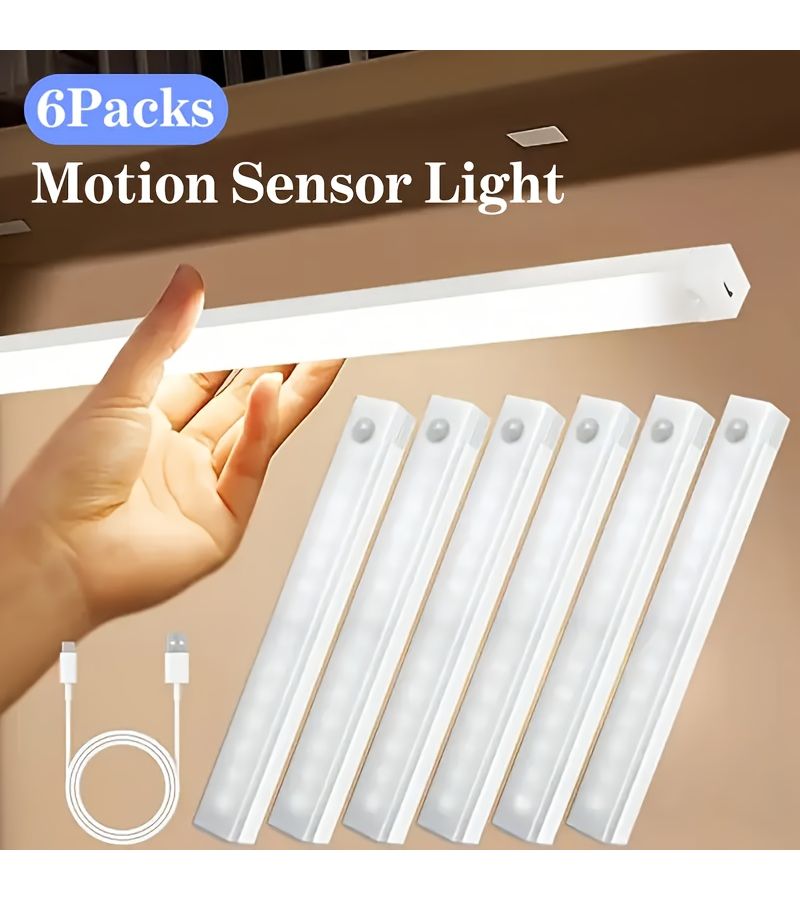 6 Pcs 50cm 19.69in White Rechargeable Motion Sensor Lights LED Cabinet Lighting Magnetic Mount USB Night Lights For Wardrobes Bedrooms Hallways Stairwells Kitchen - Image 1
