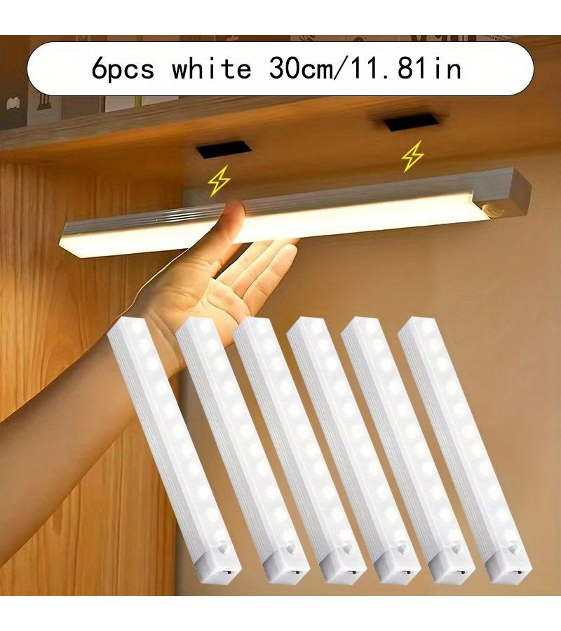 6 Pcs 50cm 19.69in White Rechargeable Motion Sensor Lights LED Cabinet Lighting Magnetic Mount USB Night Lights For Wardrobes Bedrooms Hallways Stairwells Kitchen - Image 3