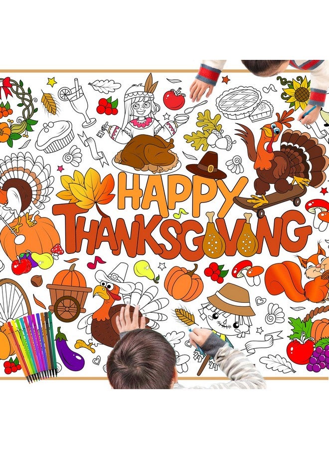 HOWAF Happy Thanksgiving Coloring Poster with 24 pcs (12 Colors) Paint Pens, Fall Harvest Themed Jumbo Paper Coloring Banner or Tablecloth with Turkey Pumkin Design for Kids Classroom Home Party Supplies - Image 1