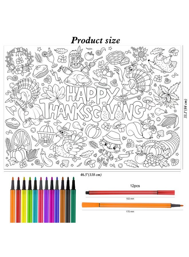 HOWAF Happy Thanksgiving Coloring Poster with 24 pcs (12 Colors) Paint Pens, Fall Harvest Themed Jumbo Paper Coloring Banner or Tablecloth with Turkey Pumkin Design for Kids Classroom Home Party Supplies - Image 4