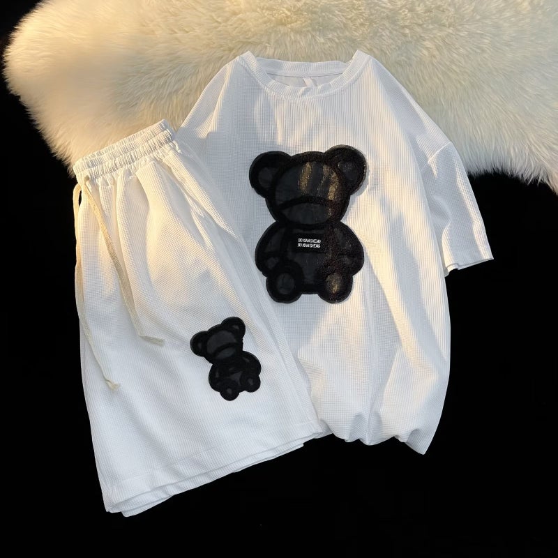 Generic Mens Casual Summer Bear Print Sport Suit White  - Image 1