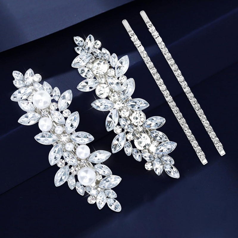 WHAVEL 4PCS Rhinestone Hair Barrettes for Women Silver Hair Clips Sparkly Rhinestone Barrettes Fancy Hair Clips Formal Hair Accessories for Women Wedding Prom Bride