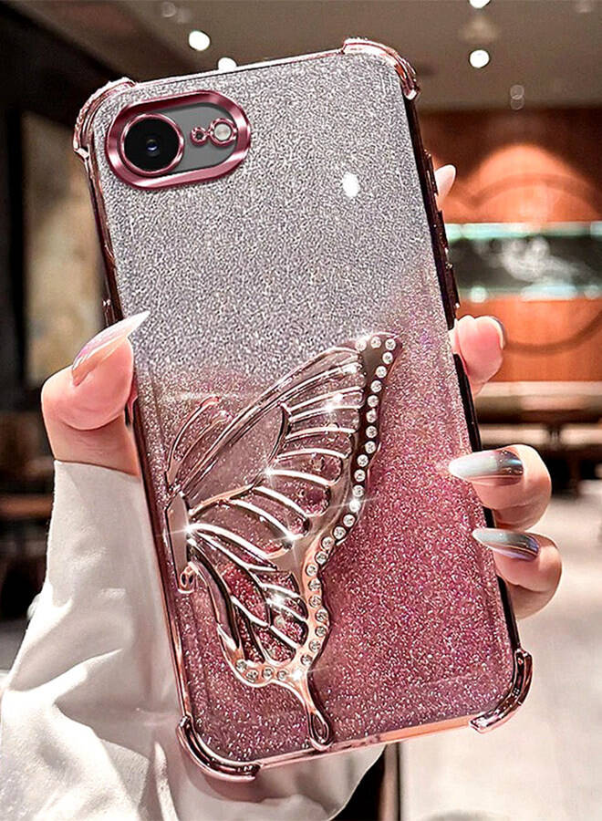 Glitter Case for iPhone 16e，Camera Lens Protector，Sparkly Butterfly Kickstand， Luxury Gradient Shockproof iPhone 16 e Cover for Women Girls Gift，Pink - Image 1