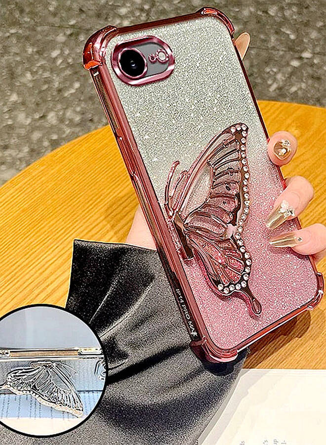 Glitter Case for iPhone 16e，Camera Lens Protector，Sparkly Butterfly Kickstand， Luxury Gradient Shockproof iPhone 16 e Cover for Women Girls Gift，Pink - Image 2