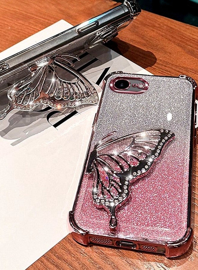 Glitter Case for iPhone 16e，Camera Lens Protector，Sparkly Butterfly Kickstand， Luxury Gradient Shockproof iPhone 16 e Cover for Women Girls Gift，Pink - Image 4
