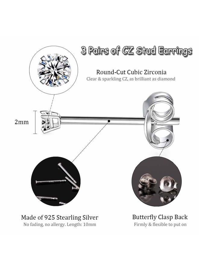 EPIRORA Sterling Silver Stud Earrings for Women Girls- 3 Pairs of 2mm Tiny Ball Stud Earrings Round CZ Cubic Zirconia Earrings Pearl Earrings Set Cartilage Small Tragus Earrings Nose Lip Rings, Metal, - Image 2