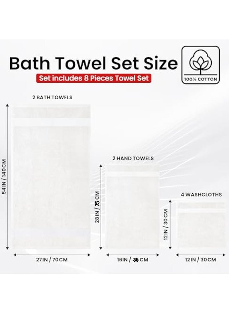 Arabest Luxury 100% Cotton Towel Set – 8 Piece Bathroom Towel Set (2 Bath Towels, 2 Hand Towels, 4 Washcloths) – Soft & Absorbent Towels for Bathroom (Brilliant White) - Image 5