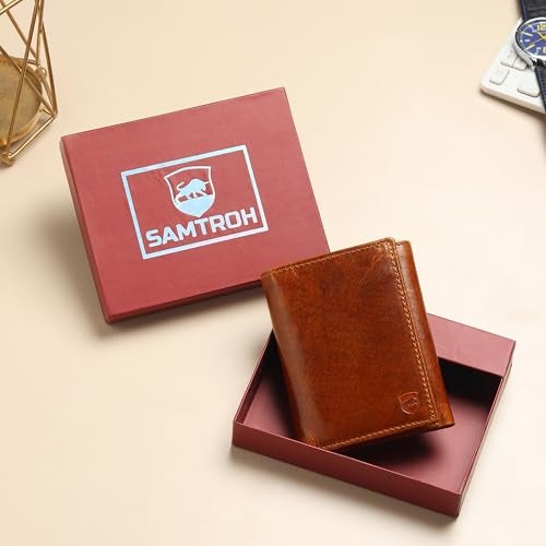 SAMTROH Leather Three-Fold Wallet for Men | 6 Card Slots I 2 Currency & 2 Secret Compartments I 1 Id Card Slot (Tan) - Image 3