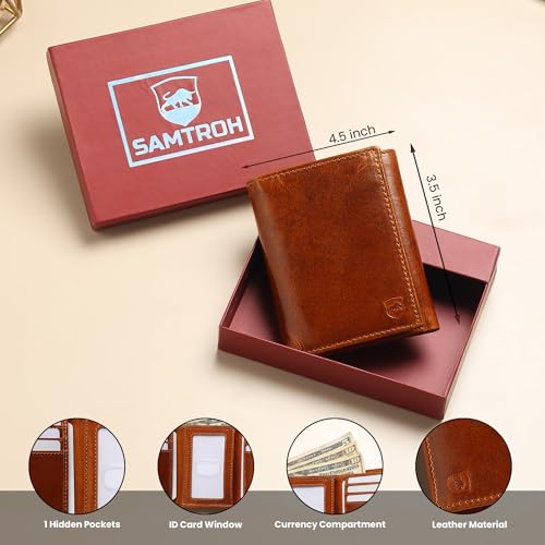 SAMTROH Leather Three-Fold Wallet for Men | 6 Card Slots I 2 Currency & 2 Secret Compartments I 1 Id Card Slot (Tan) - Image 4