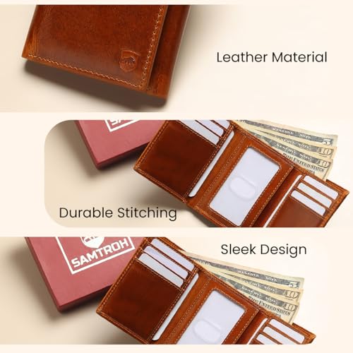 SAMTROH Leather Three-Fold Wallet for Men | 6 Card Slots I 2 Currency & 2 Secret Compartments I 1 Id Card Slot (Tan) - Image 5