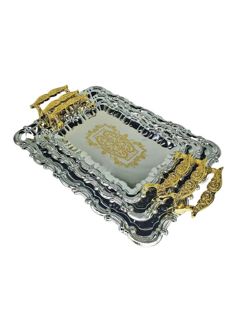 Stainless Steel Tray With Golden Design And Handel Set Of 3