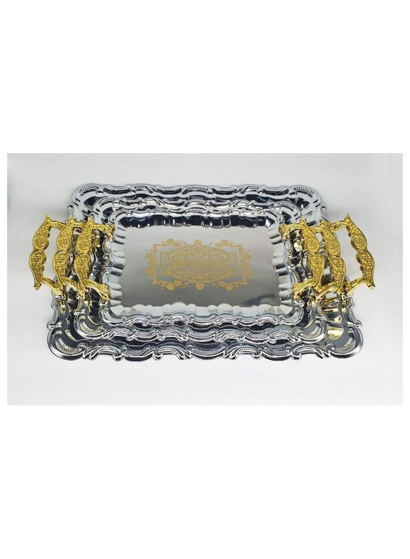 Stainless Steel Tray With Golden Design And Handel Set Of 3