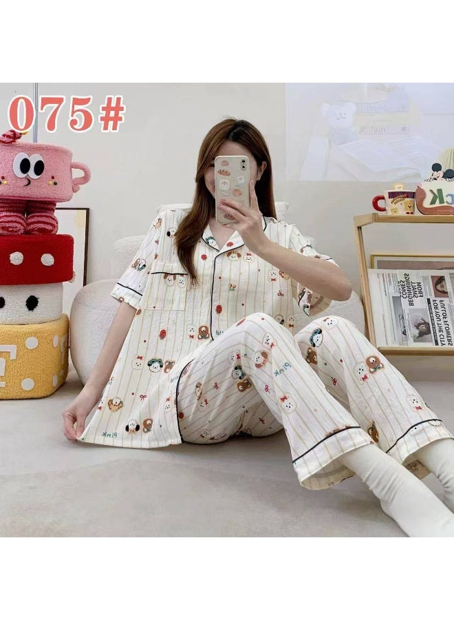 Korean Style Women's Cotton Pajama Set, Soft Cloud Cotton Sleepwear, Short Sleeve Button-Up Top & Long Pants, Free Size
