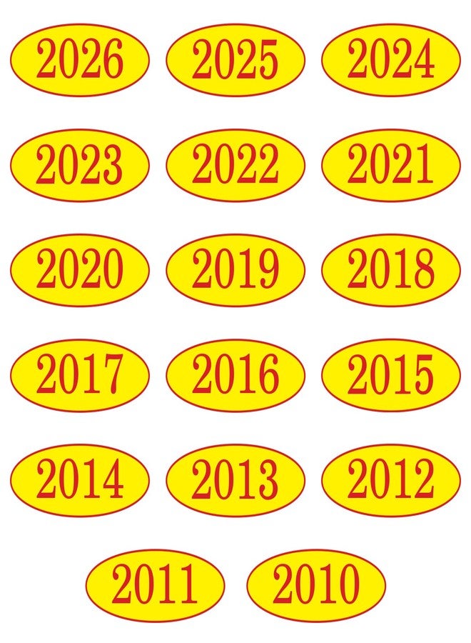 Vivitex Oval Windshield Year Stickers for Cars - 17 Large Vinyl Decals (2010-2026) in Red and Yellow - Easy to Remove, Perfect for Used Car Dealerships - Image 1