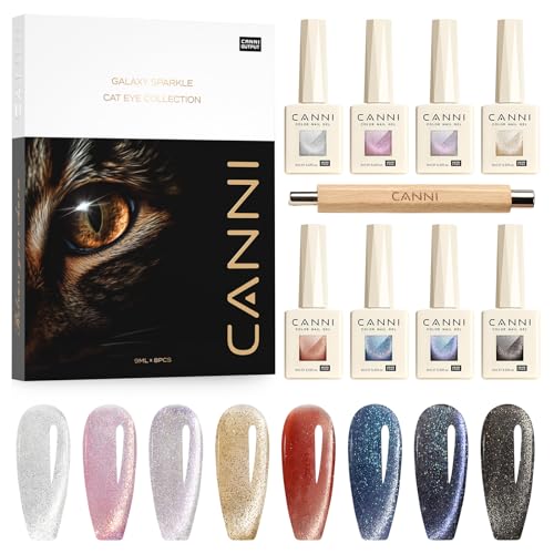 CANNI 8 Pcs 9 ML Cat Eye Gel Nail Polish Set Jelly Pink Red Purple Blue Black Glitter Cat Eye Gel Polish Kit with Magnet Shimmer Colors Soak Off Manicure Salon DIY Gifts - Image 1