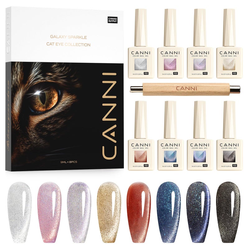CANNI 8 Pcs 9 ML Cat Eye Gel Nail Polish Set Jelly Pink Red Purple Blue Black Glitter Cat Eye Gel Polish Kit with Magnet Shimmer Colors Soak Off Manicure Salon DIY Gifts - Image 2