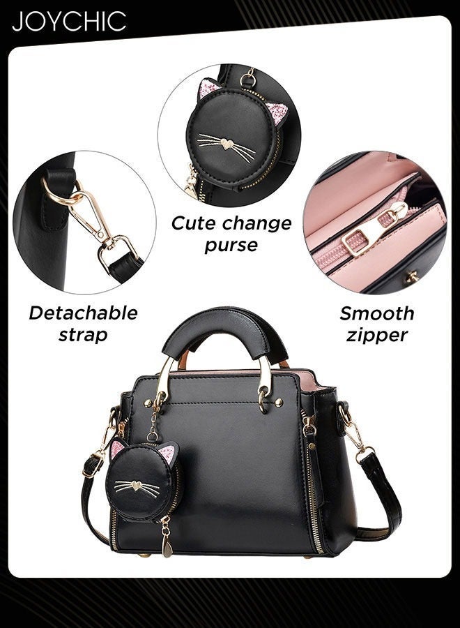 Joychic Korean Style Fashionable and Sweet Women Handbag Casual Personality Cat Design Large Capacity Commuting Shoulder Crossbody Bag PU Fabric Waterproof with Coin Purse Black - Image 2