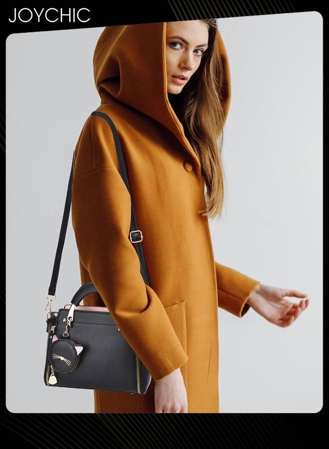 Joychic Korean Style Fashionable and Sweet Women Handbag Casual Personality Cat Design Large Capacity Commuting Shoulder Crossbody Bag PU Fabric Waterproof with Coin Purse Black - Image 4