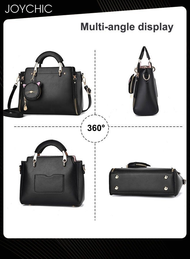 Joychic Korean Style Fashionable and Sweet Women Handbag Casual Personality Cat Design Large Capacity Commuting Shoulder Crossbody Bag PU Fabric Waterproof with Coin Purse Black - Image 3