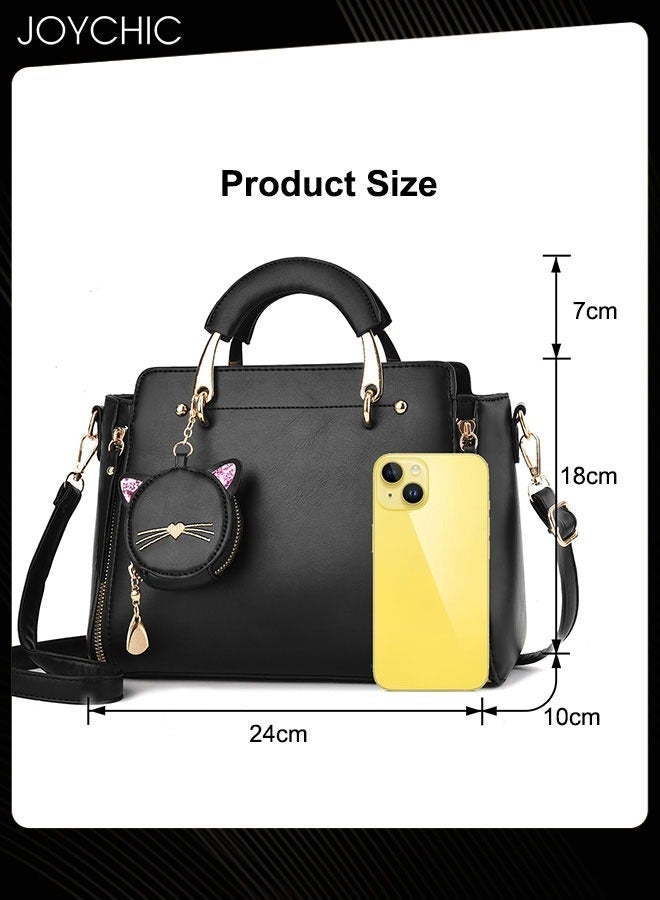 Joychic Korean Style Fashionable and Sweet Women Handbag Casual Personality Cat Design Large Capacity Commuting Shoulder Crossbody Bag PU Fabric Waterproof with Coin Purse Black - Image 5