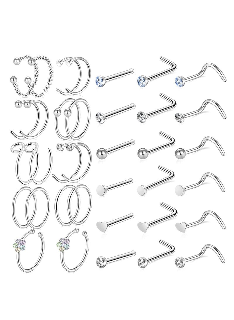 Excefore 36 PCS Nose Rings for Women Studs Hoop 20G Piercings Jewelry Screw Stainless Steel Bone Flat Top Diamond Opal Heart High Nostril Piercing Men(Silver) - Image 1