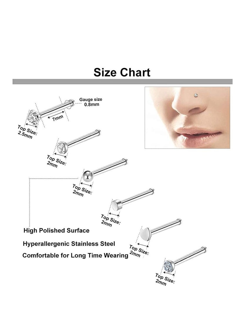 Excefore 36 PCS Nose Rings for Women Studs Hoop 20G Piercings Jewelry Screw Stainless Steel Bone Flat Top Diamond Opal Heart High Nostril Piercing Men(Silver) - Image 5