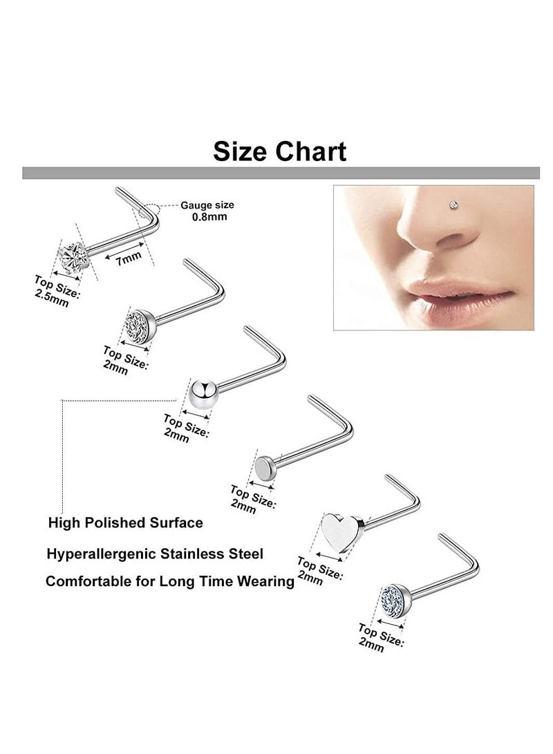 Excefore 36 PCS Nose Rings for Women Studs Hoop 20G Piercings Jewelry Screw Stainless Steel Bone Flat Top Diamond Opal Heart High Nostril Piercing Men(Silver) - Image 4