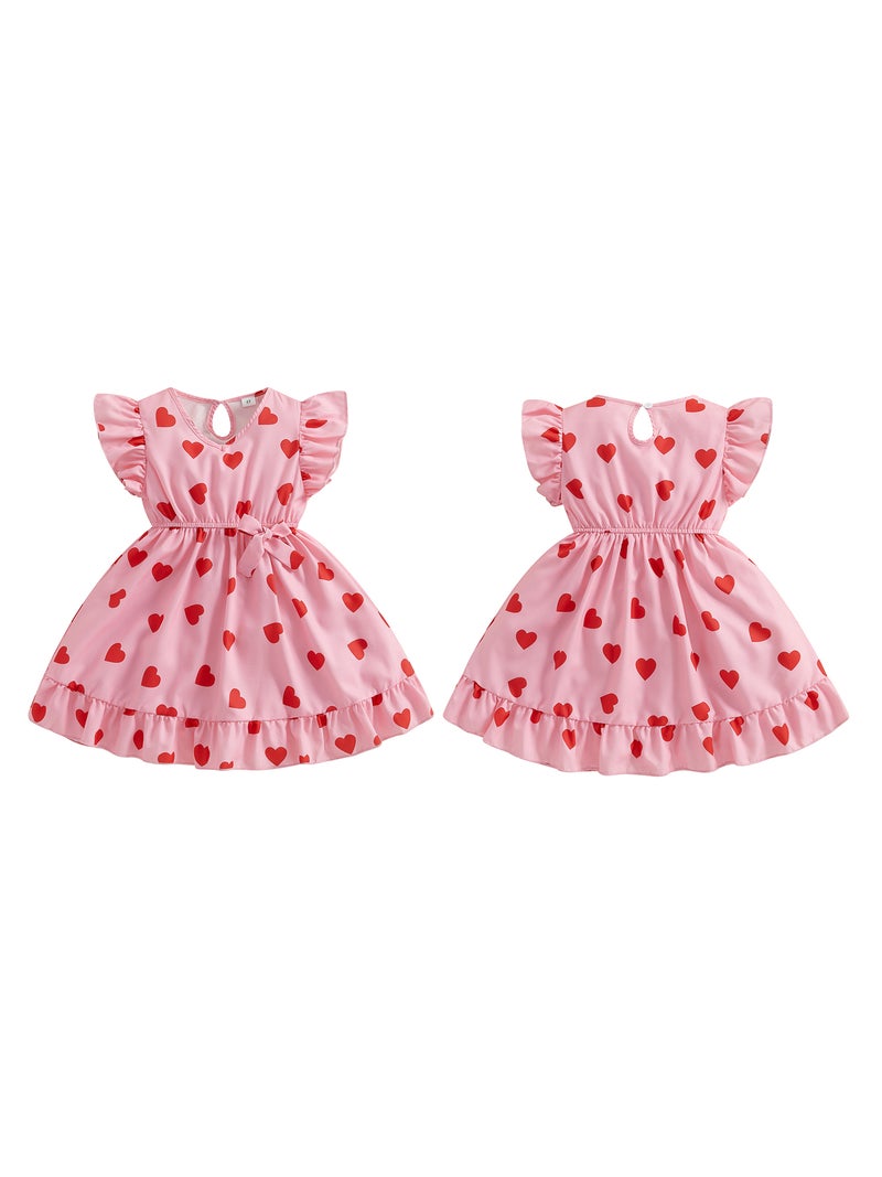 Little Girl Valentin Dress Heart Print Flutter Sleeve V-Neck A-Line Dress for Spring Summer - Image 4