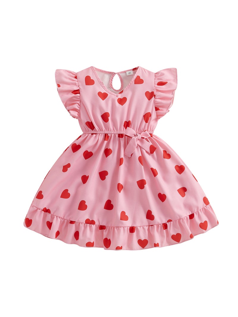 Little Girl Valentin Dress Heart Print Flutter Sleeve V-Neck A-Line Dress for Spring Summer - Image 3