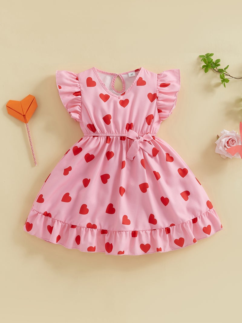 Little Girl Valentin Dress Heart Print Flutter Sleeve V-Neck A-Line Dress for Spring Summer - Image 5