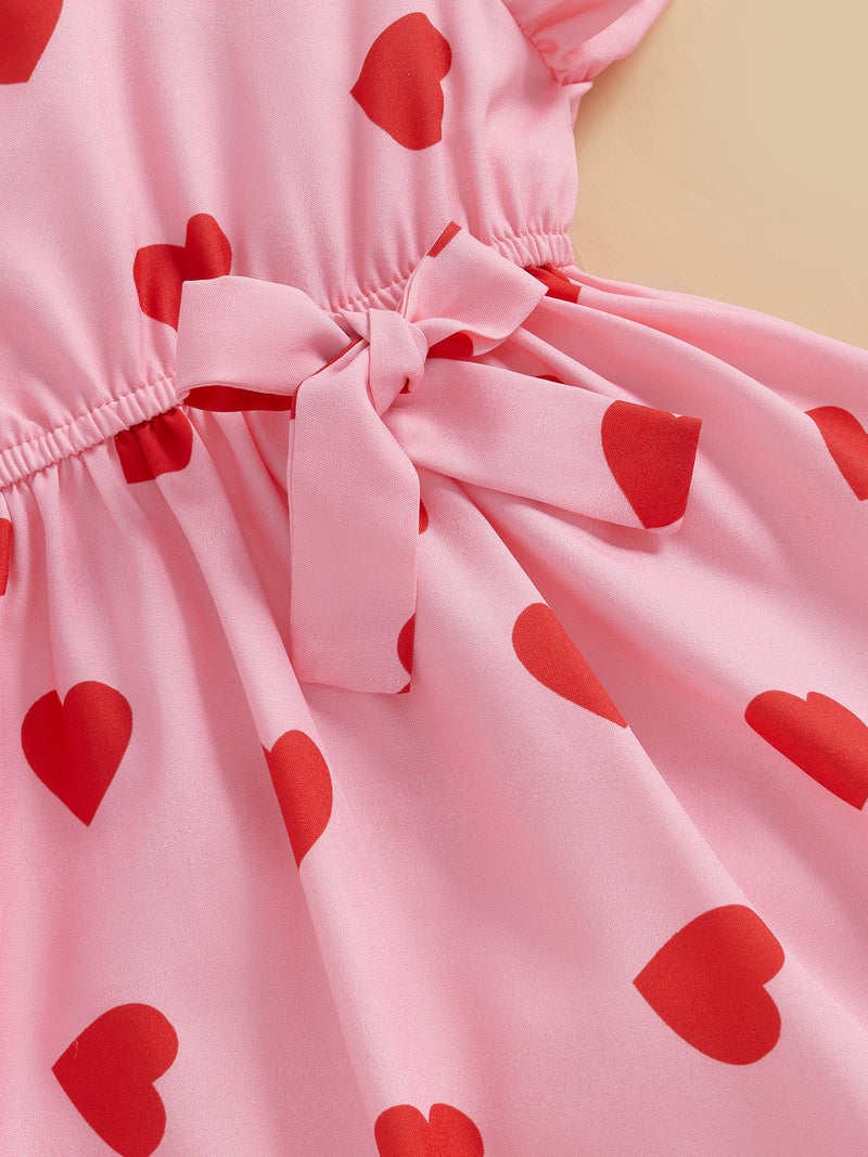 Little Girl Valentin Dress Heart Print Flutter Sleeve V-Neck A-Line Dress for Spring Summer - Image 2