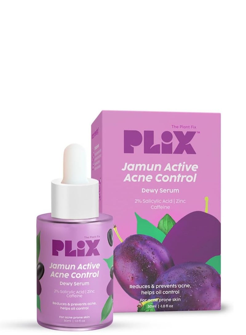 PLIX THE PLANT FIX 2% Salicylic Acid Jamun Active Acne Control Dewy Serum 30 ml for Active Acne & Dark Spot Reduction with Caffeine for Breakout Control (Pack of 1) - Image 1
